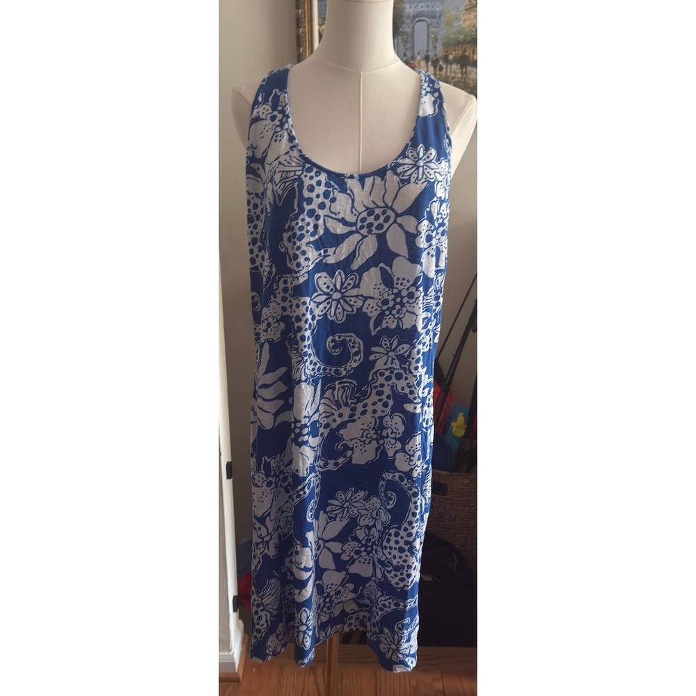 Lilly Pulitzer Shore Dress Swim Cover Up Blue‎ White Racerback O-Ring Floral XL